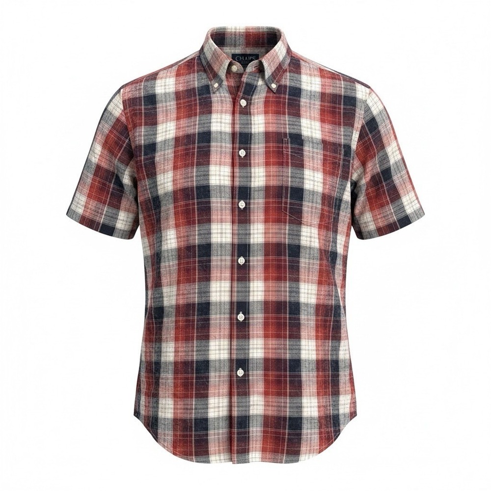 NWT Chaps Seacoast Wash Shirt Mens XL Untucked 100% Cotton Short Sl Red Plaid